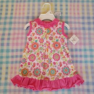 MAISON CHIC 🌺 Multi-Color Floral Pink Ruffled Trim Sleeveless Onesie Dress 0-3M